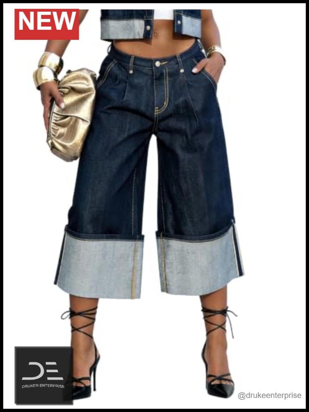 High Waisted Wide Leg Cropped Denim Capri Jeans Pleated Cuffed Hem
